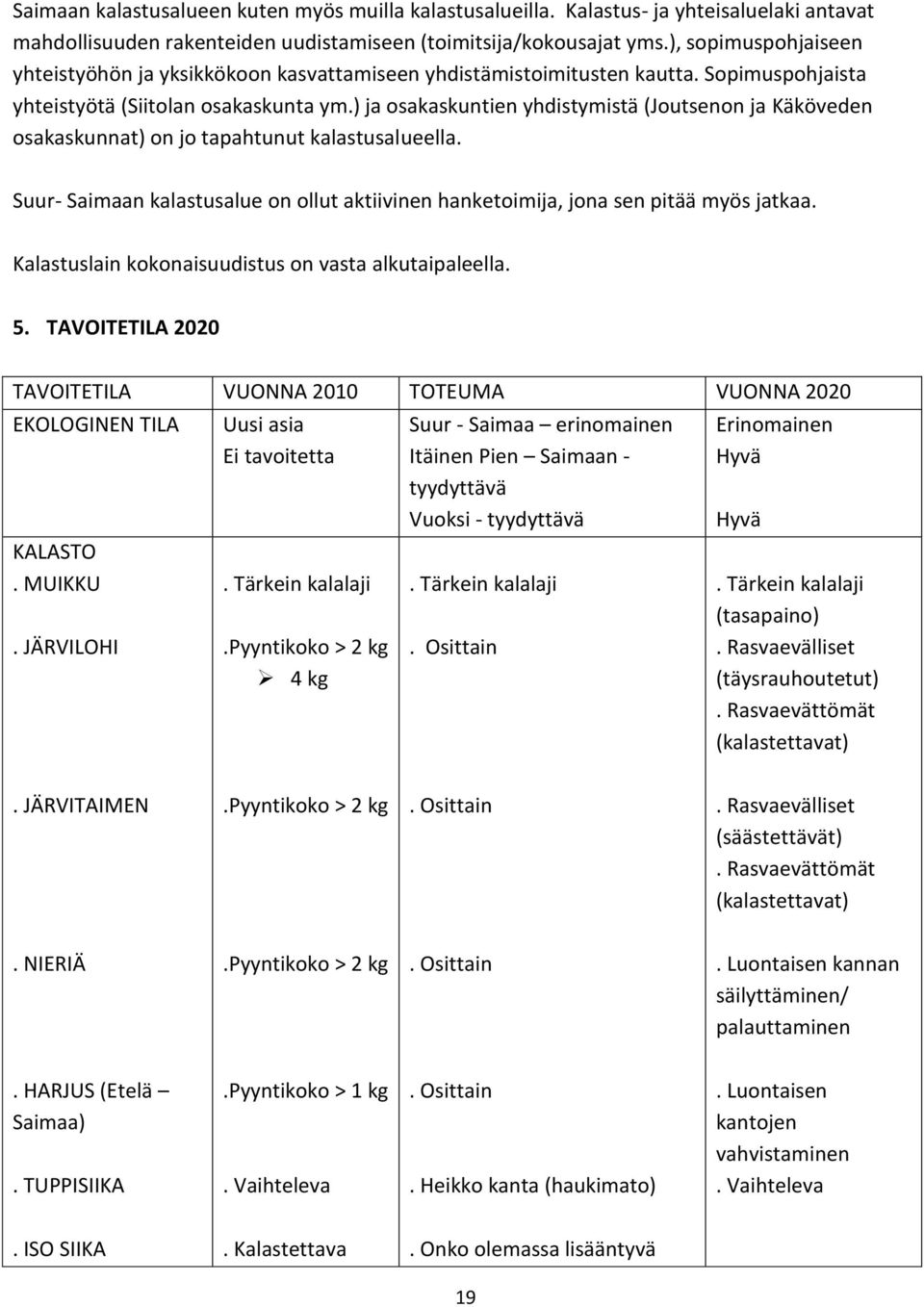 ) ja osakaskuntien yhdistymistä (Joutsenon ja Käköveden osakaskunnat) on jo tapahtunut kalastusalueella. Suur- Saimaan kalastusalue on ollut aktiivinen hanketoimija, jona sen pitää myös jatkaa.