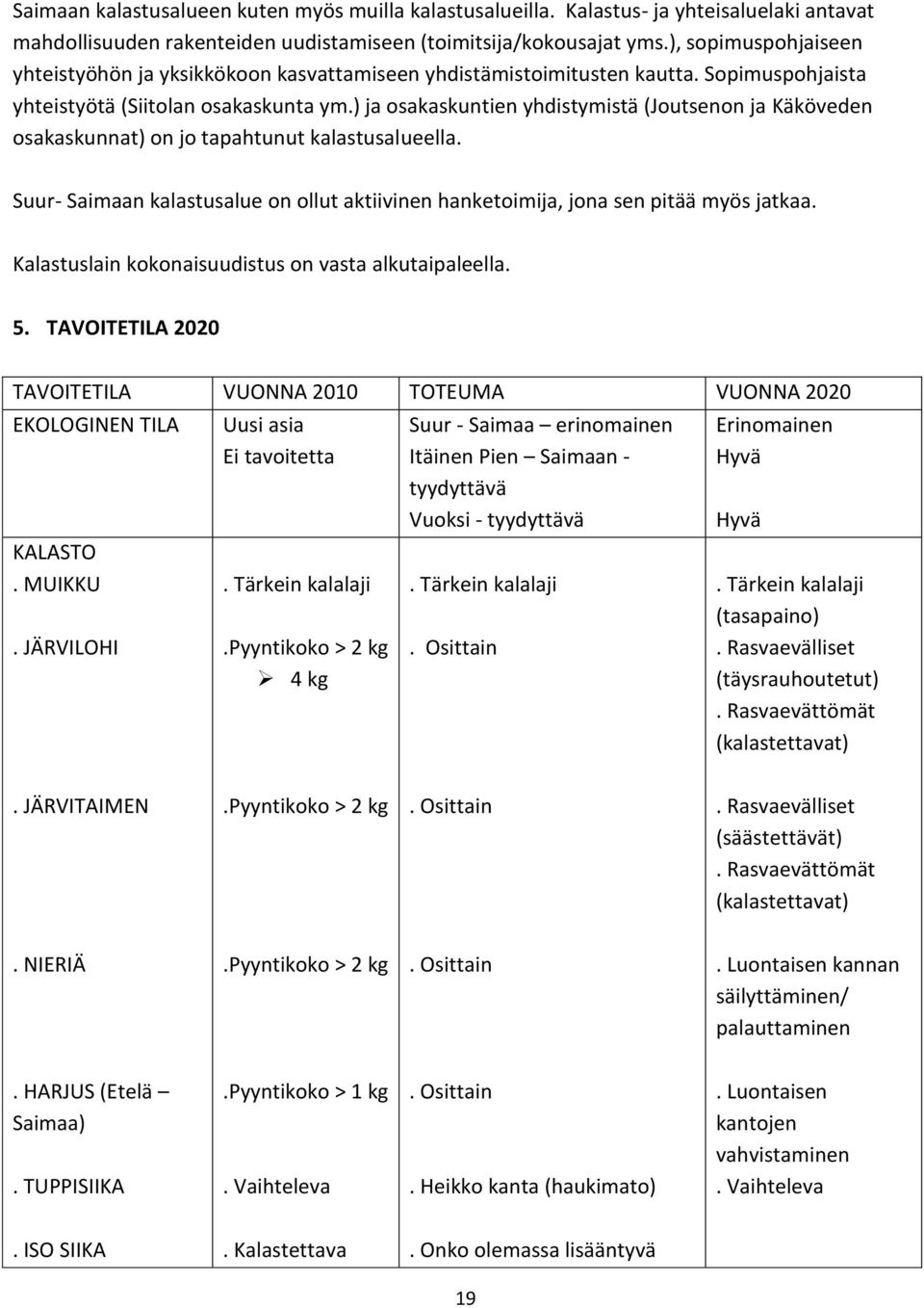 ) ja osakaskuntien yhdistymistä (Joutsenon ja Käköveden osakaskunnat) on jo tapahtunut kalastusalueella. Suur- Saimaan kalastusalue on ollut aktiivinen hanketoimija, jona sen pitää myös jatkaa.