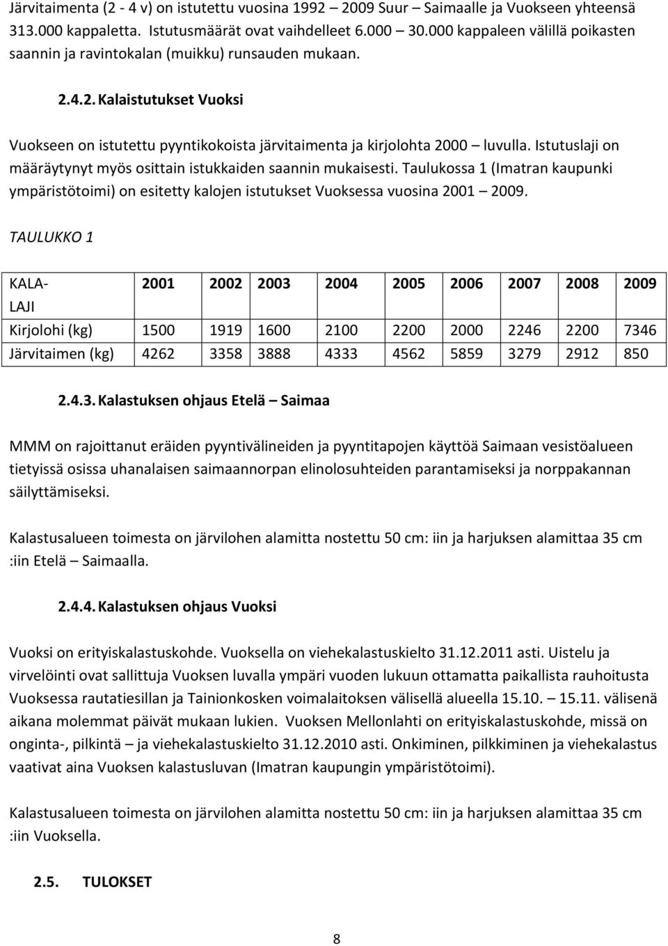 Istutuslaji on määräytynyt myös osittain istukkaiden saannin mukaisesti. Taulukossa 1 (Imatran kaupunki ympäristötoimi) on esitetty kalojen istutukset Vuoksessa vuosina 2001 2009.