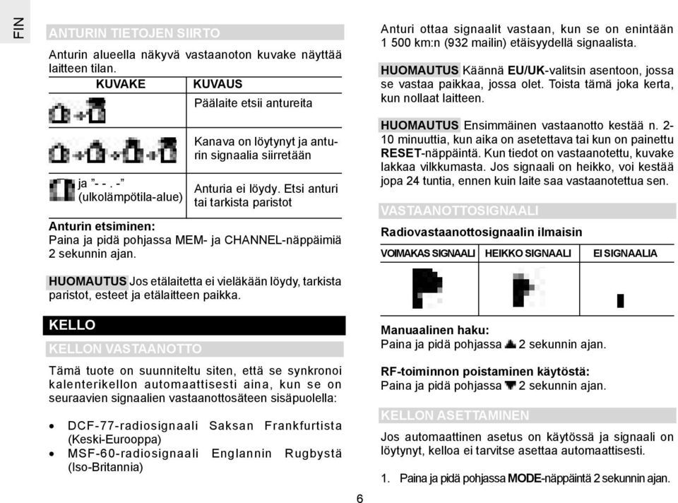 Etsi anturi tai tarkista paristot Anturin etsiminen: Paina ja pidä pohjassa MEM- ja CHANNEL-näppäimiä 2 sekunnin ajan.