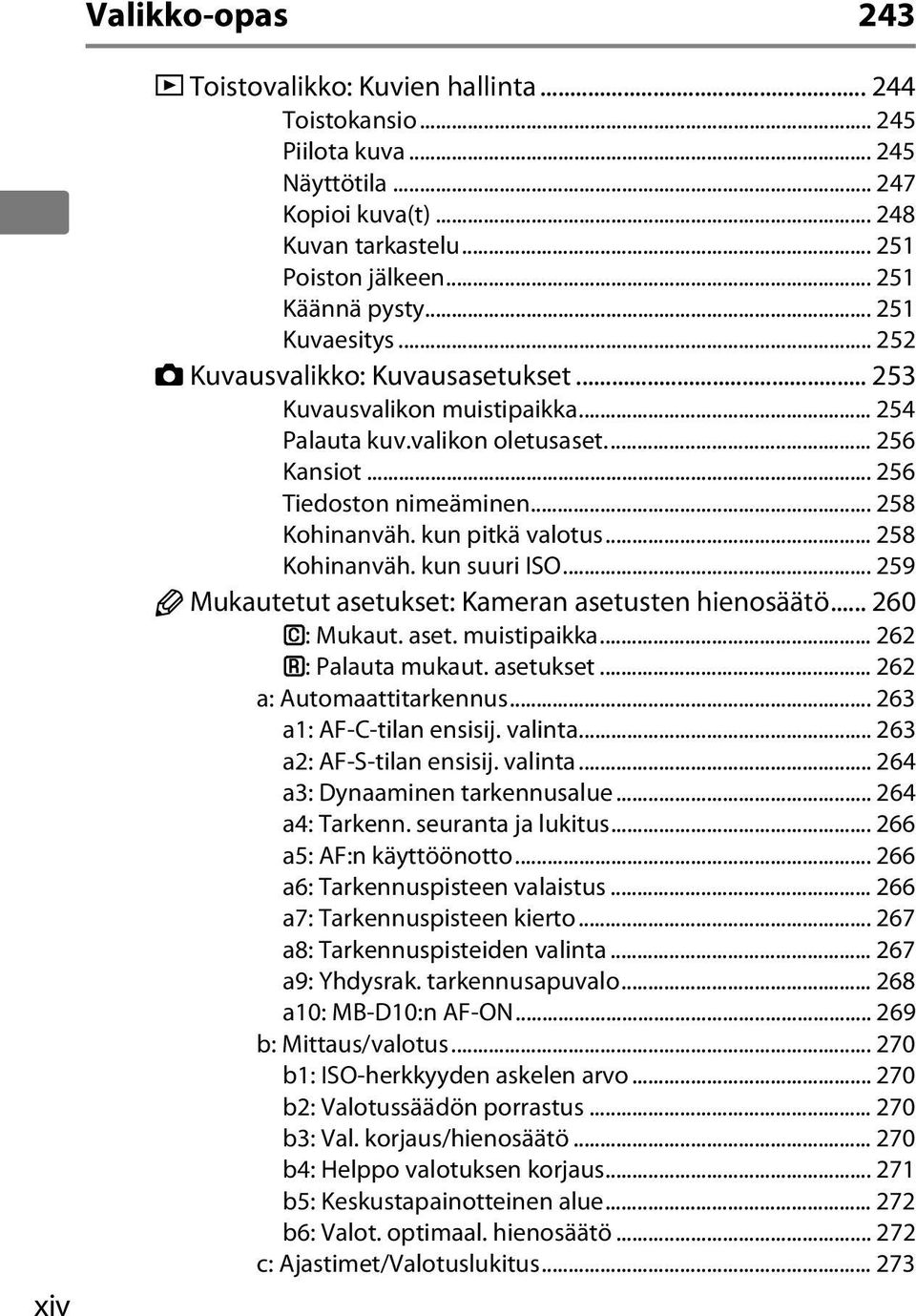 kun pitkä valotus... 258 Kohinanväh. kun suuri ISO... 259 A Mukautetut asetukset: Kameran asetusten hienosäätö... 260 B: Mukaut. aset. muistipaikka... 262 A: Palauta mukaut. asetukset... 262 a: Automaattitarkennus.