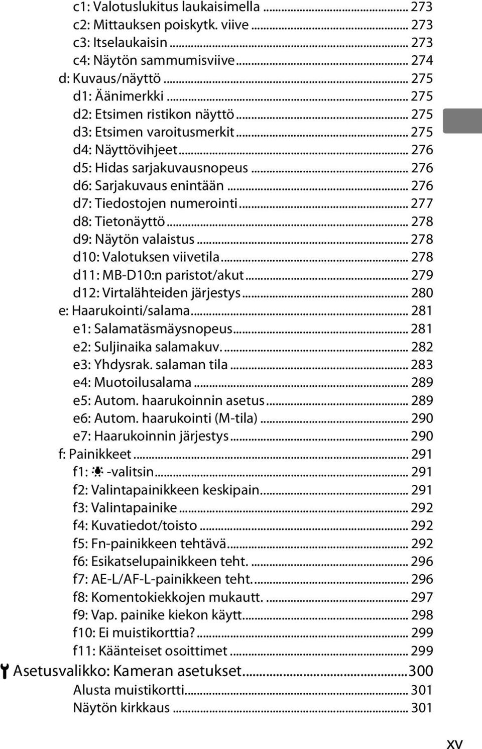 .. 277 d8: Tietonäyttö... 278 d9: Näytön valaistus... 278 d10: Valotuksen viivetila... 278 d11: MB-D10:n paristot/akut... 279 d12: Virtalähteiden järjestys... 280 e: Haarukointi/salama.