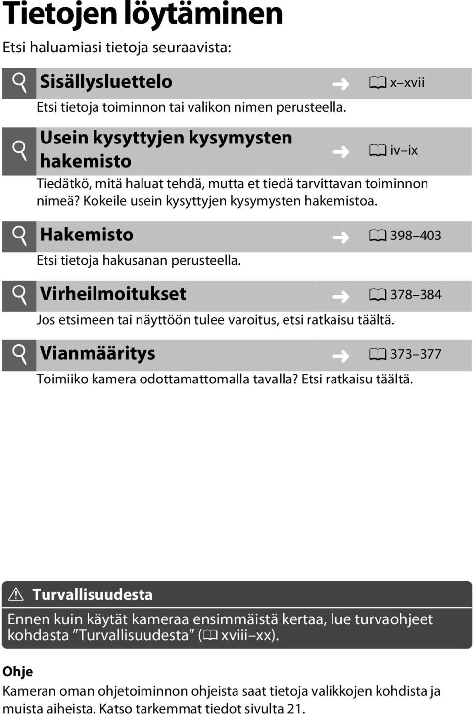 i Hakemisto 0 398 403 Etsi tietoja hakusanan perusteella. i Virheilmoitukset 0 378 384 Jos etsimeen tai näyttöön tulee varoitus, etsi ratkaisu täältä.