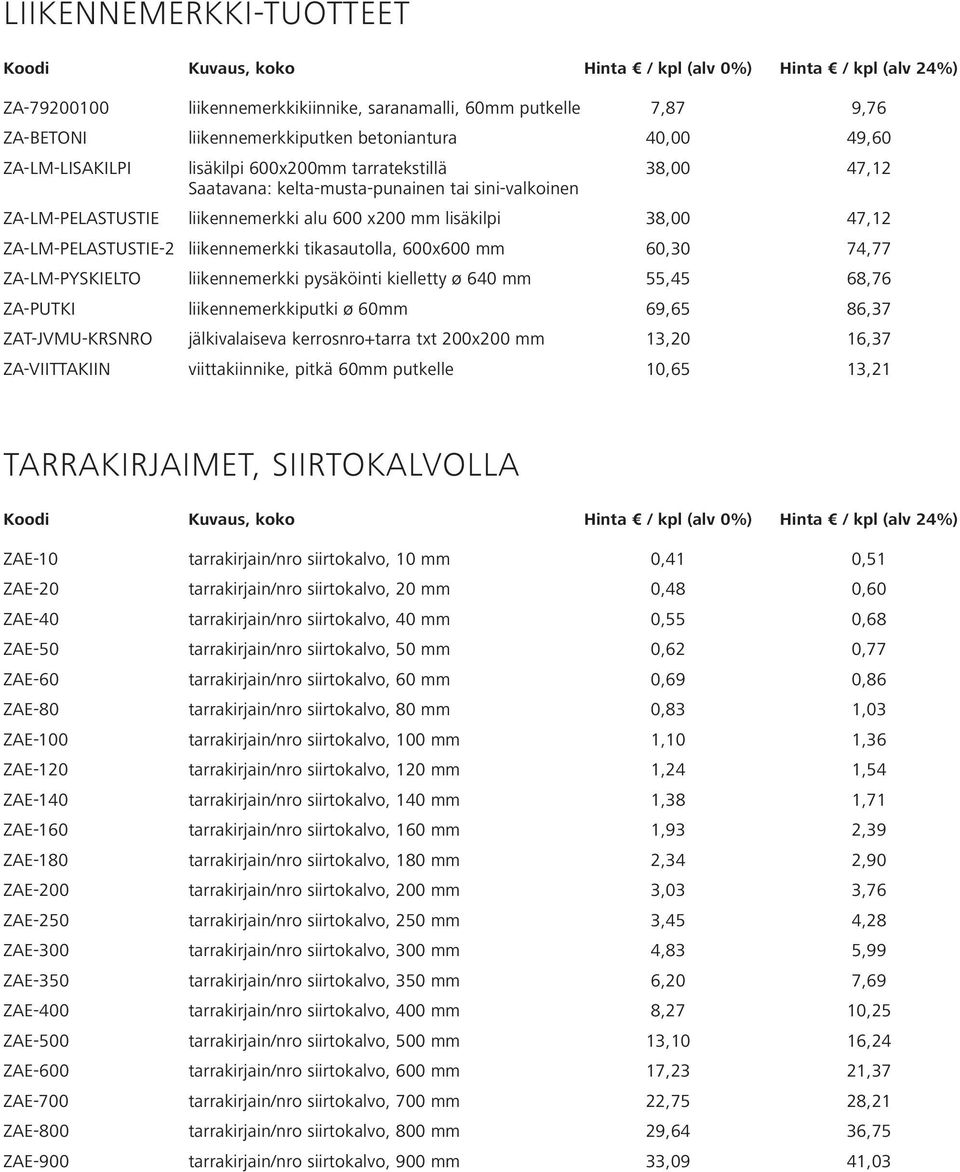 38,00 47,12 ZA-LM-PELASTUSTIE-2 liikennemerkki tikasautolla, 600x600 mm 60,30 74,77 ZA-LM-PYSKIELTO liikennemerkki pysäköinti kielletty ø 640 mm 55,45 68,76 ZA-PUTKI liikennemerkkiputki ø 60mm 69,65