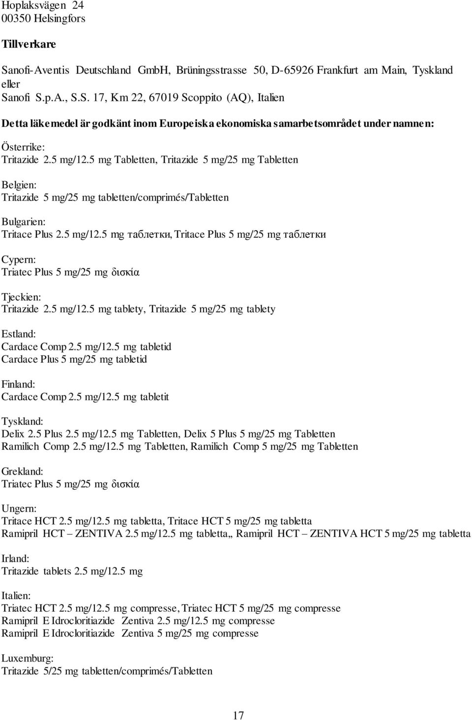 5 mg/12.5 mg tablety, Tritazide 5 mg/25 mg tablety Estland: Cardace Comp 2.5 mg/12.5 mg tabletid Cardace Plus 5 mg/25 mg tabletid Finland: Cardace Comp 2.5 mg/12.5 mg tabletit Tyskland: Delix 2.