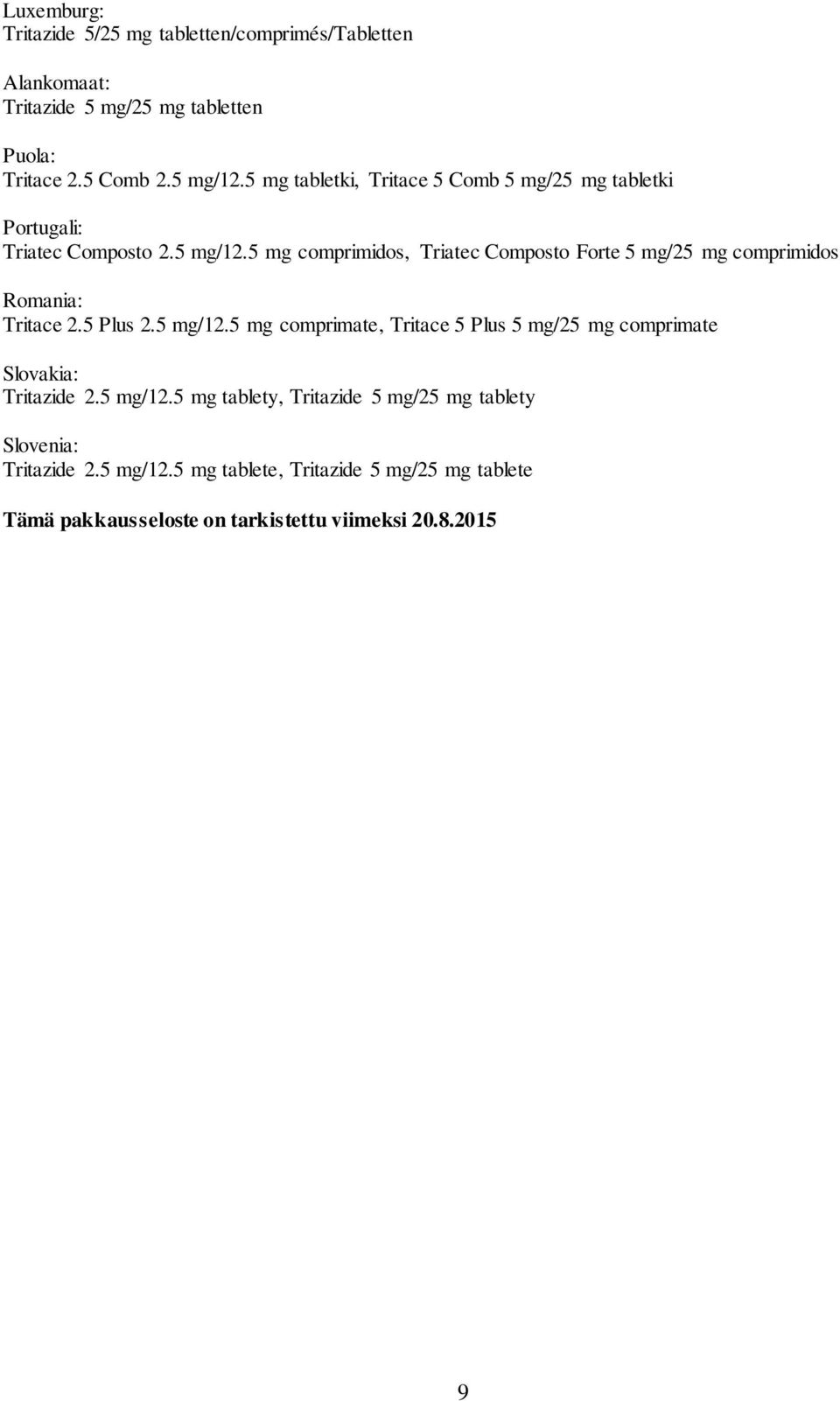 5 mg comprimidos, Triatec Composto Forte 5 mg/25 mg comprimidos Romania: Tritace 2.5 Plus 2.5 mg/12.