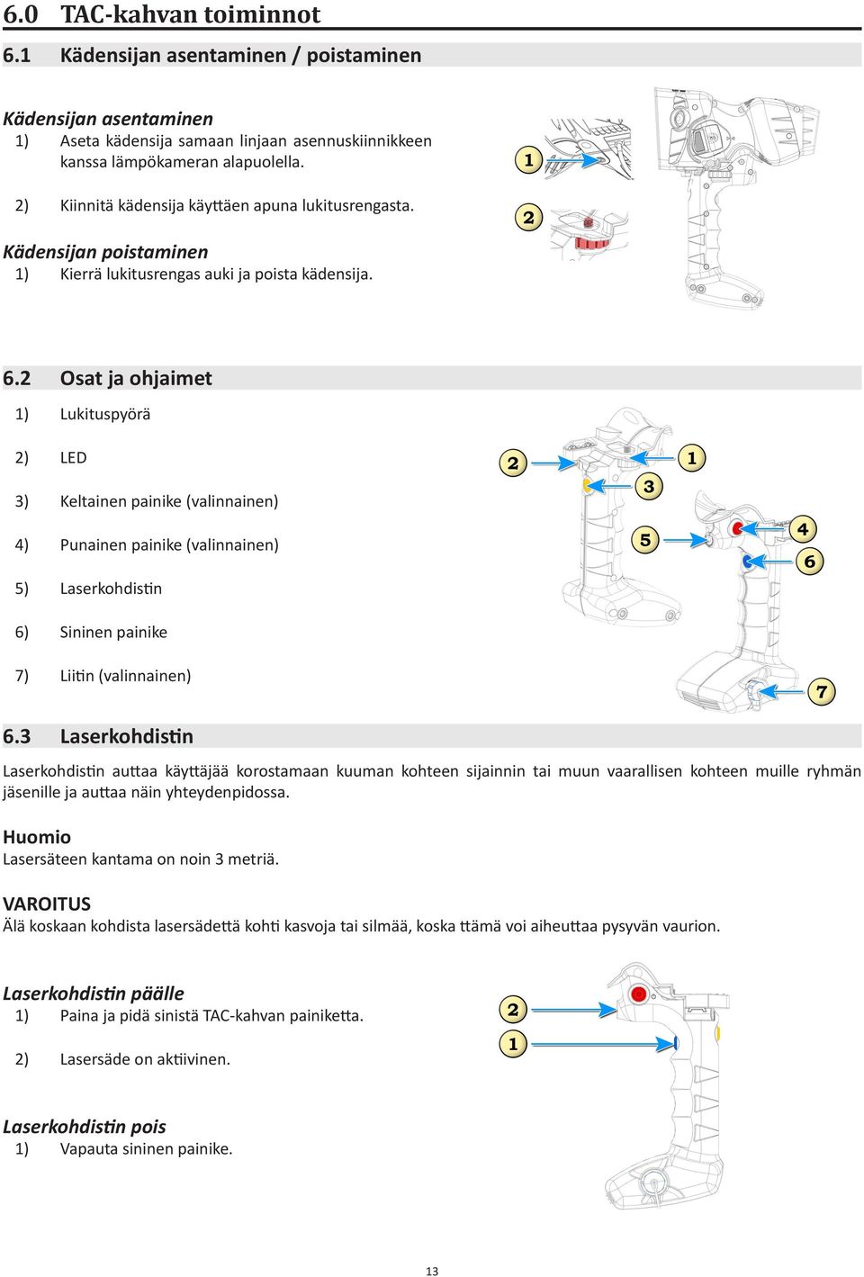 2 Osat ja ohjaimet 1) Lukituspyörä 2) LED 3) Keltainen painike (valinnainen) 4) Punainen painike (valinnainen) 5) Laserkohdistin 6) Sininen painike 7) Liitin (valinnainen) 6.