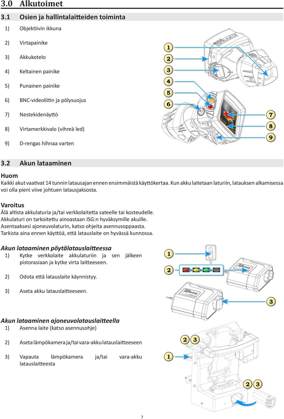 Virtamerkkivalo (vihreä led) 9) D-rengas hihnaa varten 3.2 Akun lataaminen Huom Kaikki akut vaativat 14 tunnin latausajan ennen ensimmäistä käyttökertaa.