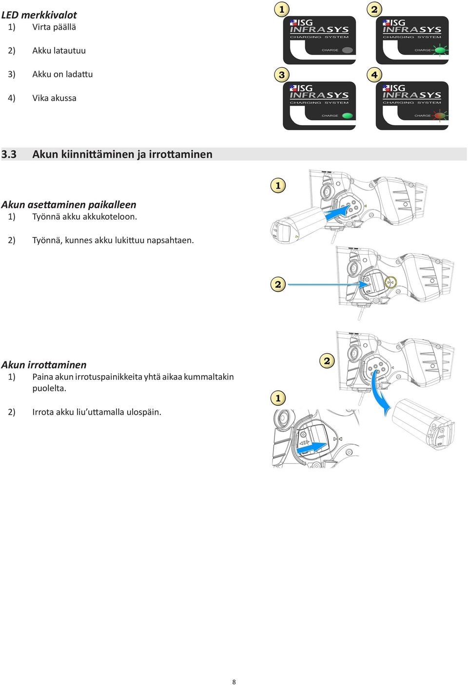 akkukoteloon. 2) Työnnä, kunnes akku lukittuu napsahtaen.