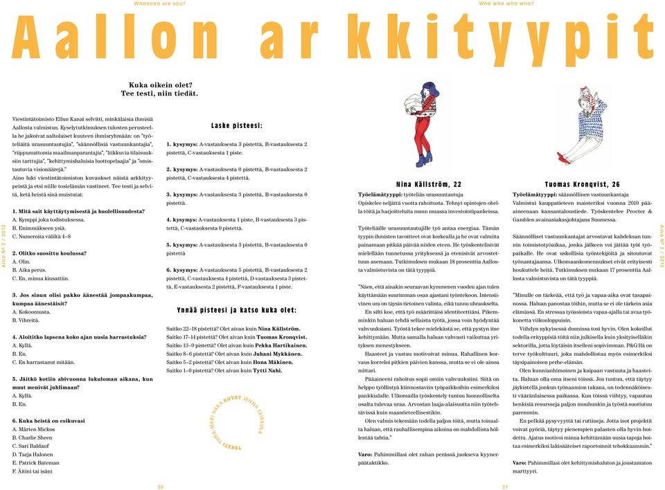 tilaisuuksiin tarttujia, kehittymishaluisia luottopelaajia ja omistautuvia visionäärejä. Aino luki viestintätoimiston kuvaukset näistä arkkityypeistä ja etsi niille tosielämän vastineet.