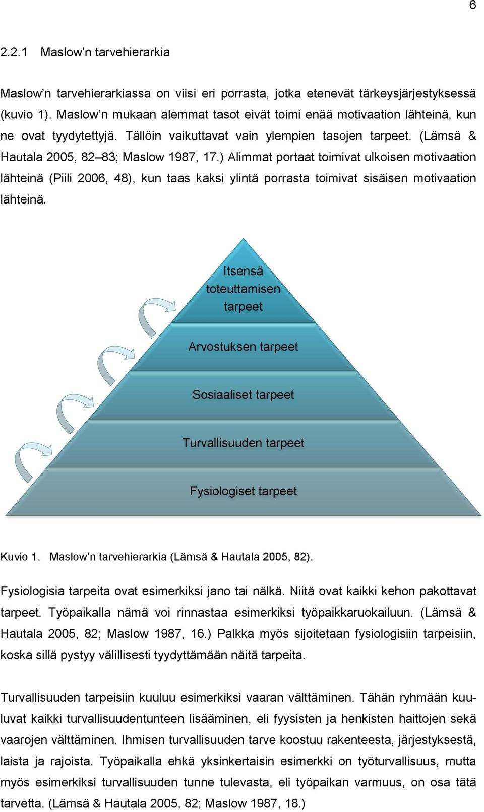 ) Alimmat portaat toimivat ulkoisen motivaation lähteinä (Piili 2006, 48), kun taas kaksi ylintä porrasta toimivat sisäisen motivaation lähteinä.