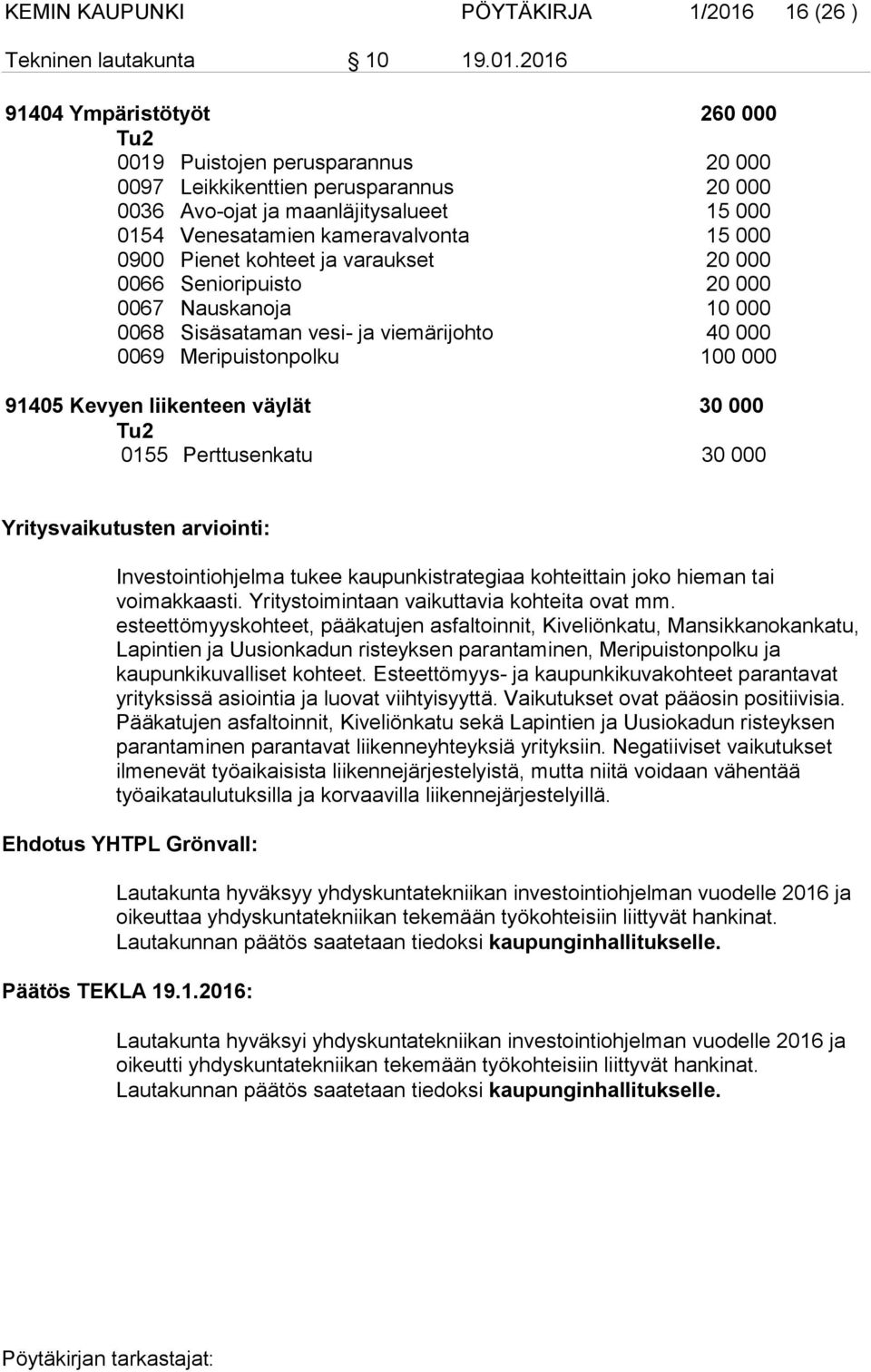 2016 91404 Ympäristötyöt 260 000 Tu2 0019 Puistojen perusparannus 20 000 0097 Leikkikenttien perusparannus 20 000 0036 Avo-ojat ja maanläjitysalueet 15 000 0154 Venesatamien kameravalvonta 15 000