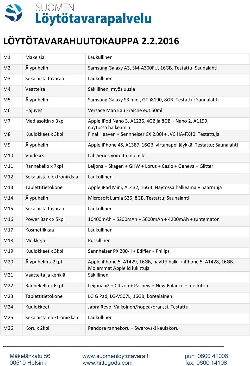 Testattu; Saunalahti M6 Hajuvesi Versace Man Eau Fraiche edt 50ml M7 Mediasoitin x 3kpl Apple ipod Nano 3, A1236, 4GB ja 8GB + Nano 2, A1199, näytössä halkeamia M8 Kuulokkeet x 3kpl Final Heaven +