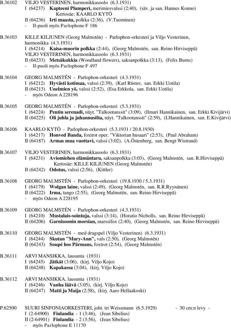 Reino Hirviseppä) VILJO VESTERINEN, harmonikkasoolo (6.3.1931) II (64233) Metsäkukkia (Woodland flowers), saksanpolkka (3:13), (Felix Burns) - II-puoli myös Parlophone F 497 B.