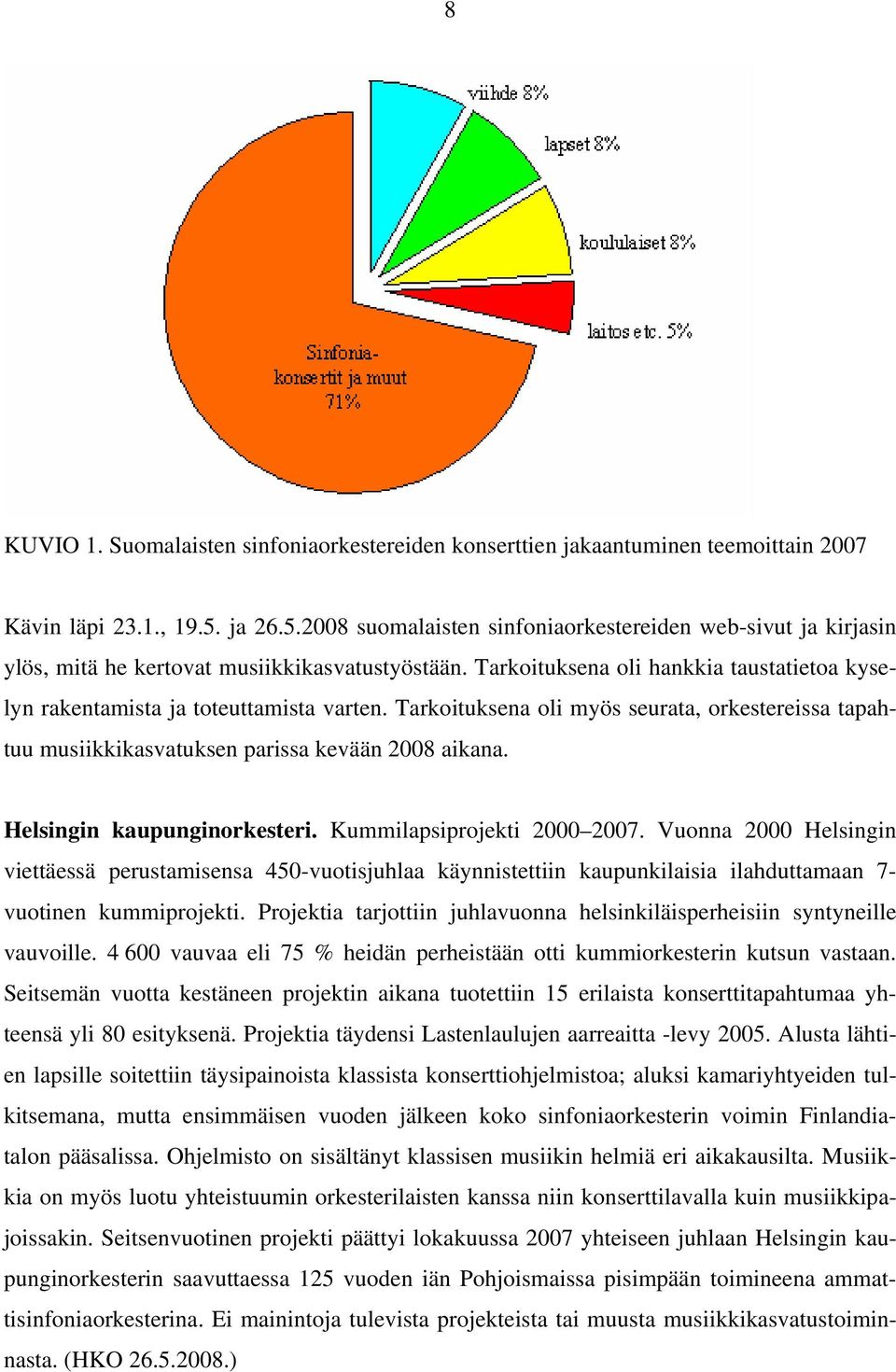 Tarkoituksena oli hankkia taustatietoa kyselyn rakentamista ja toteuttamista varten. Tarkoituksena oli myös seurata, orkestereissa tapahtuu musiikkikasvatuksen parissa kevään 2008 aikana.