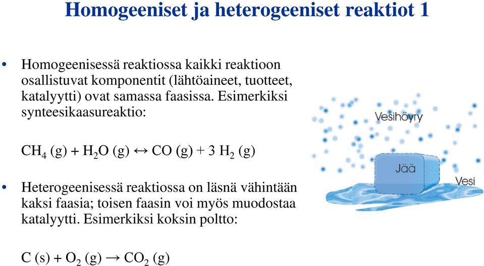 Esimerkiksi synteesikaasureaktio: CH 4 (g) + H 2 O (g) CO (g) + 3 H 2 (g) Heterogeenisessä