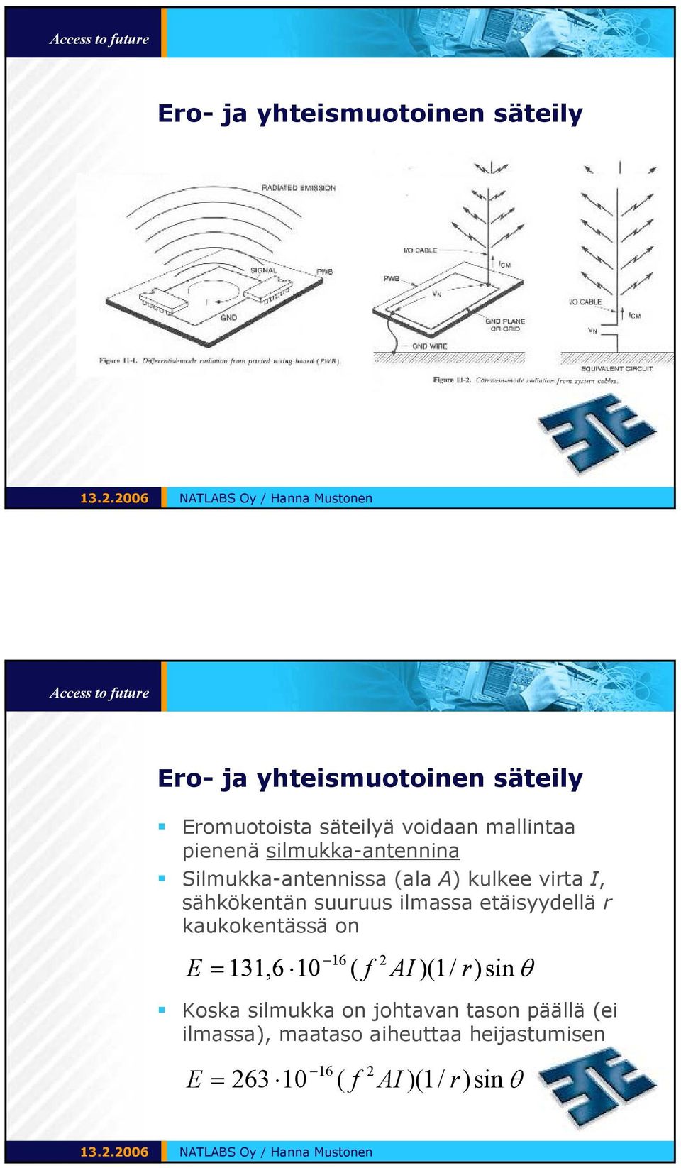 suuruus ilmassa etäisyydellä r kaukokentässä on 16 2 E = 131,6 10 ( f AI )(1/ r ) sin θ Koska