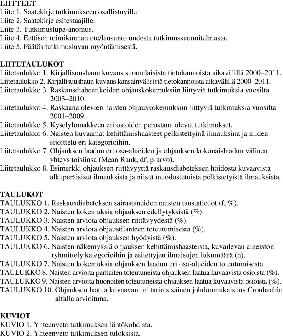 Kirjallisuushaun kuvaus kansainvälisistä tietokannoista aikavälillä 2000 2011. Liitetaulukko 3. Raskausdiabeetikoiden ohjauskokemuksiin liittyviä tutkimuksia vuosilta 2003 2010. Liitetaulukko 4.