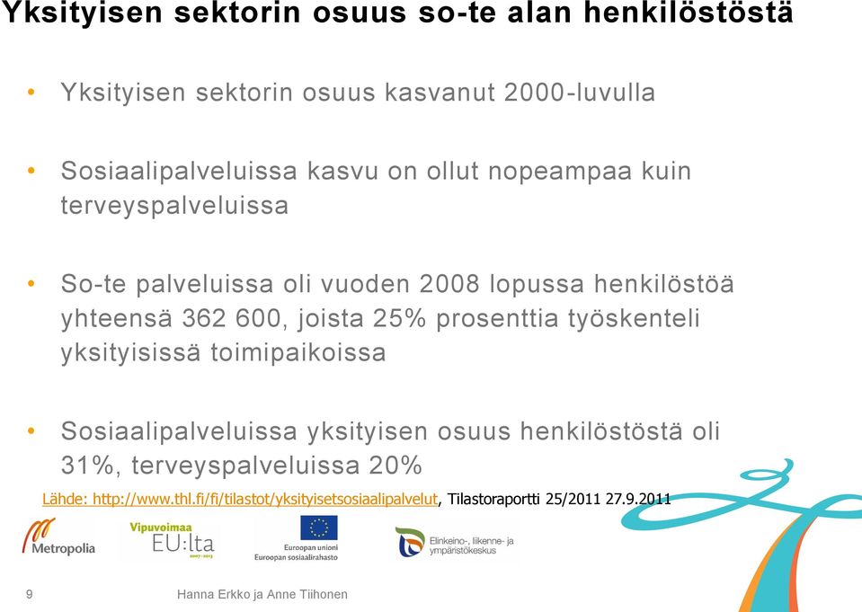 prosenttia työskenteli yksityisissä toimipaikoissa Sosiaalipalveluissa yksityisen osuus henkilöstöstä oli 31%,