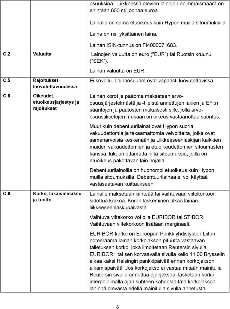 9 Korko, takaisinmaksu ja tuotto Lainan valuutta on EUR. Ei sovellu. Lainaosuudet ovat vapaasti luovutettavissa.