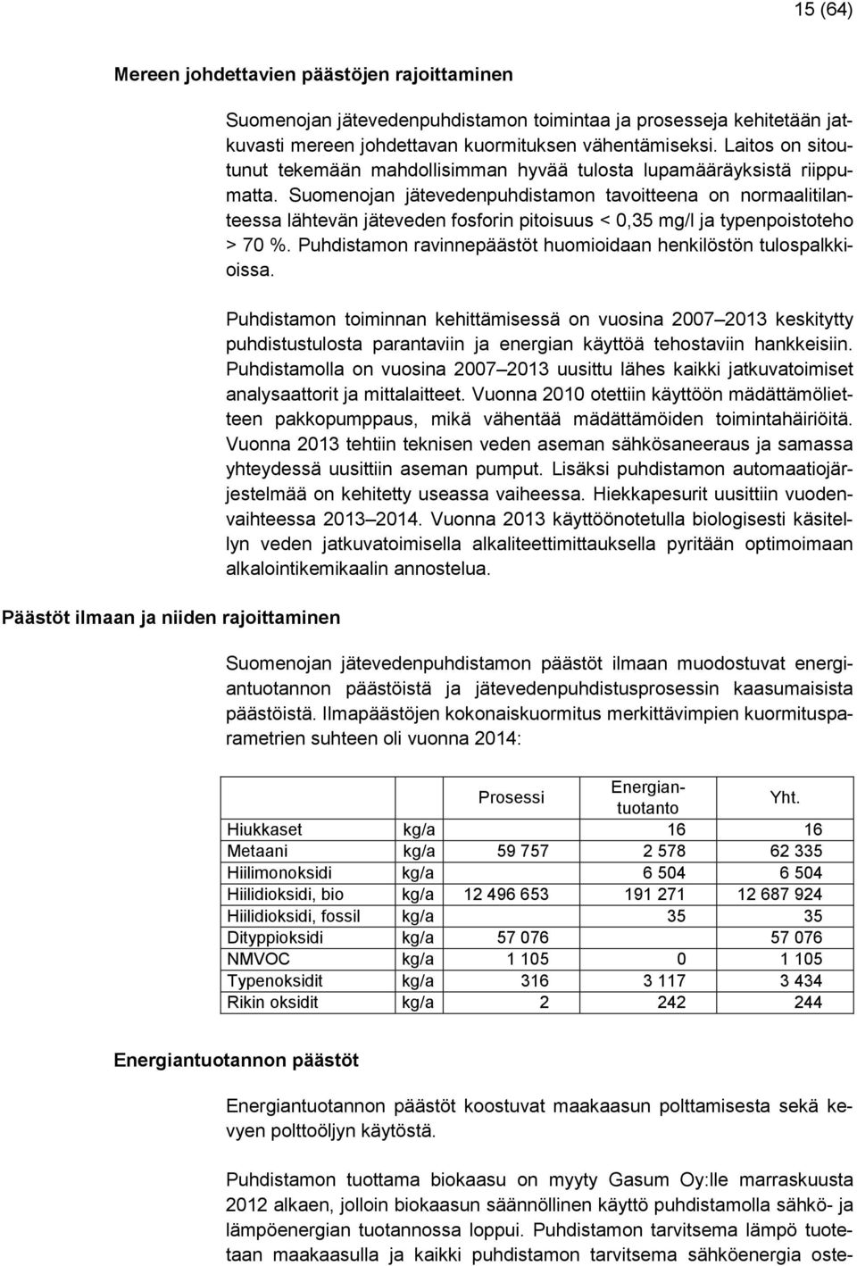 Suomenojan jätevedenpuhdistamon tavoitteena on normaalitilanteessa lähtevän jäteveden fosforin pitoisuus < 0,35 mg/l ja typenpoistoteho > 70 %.