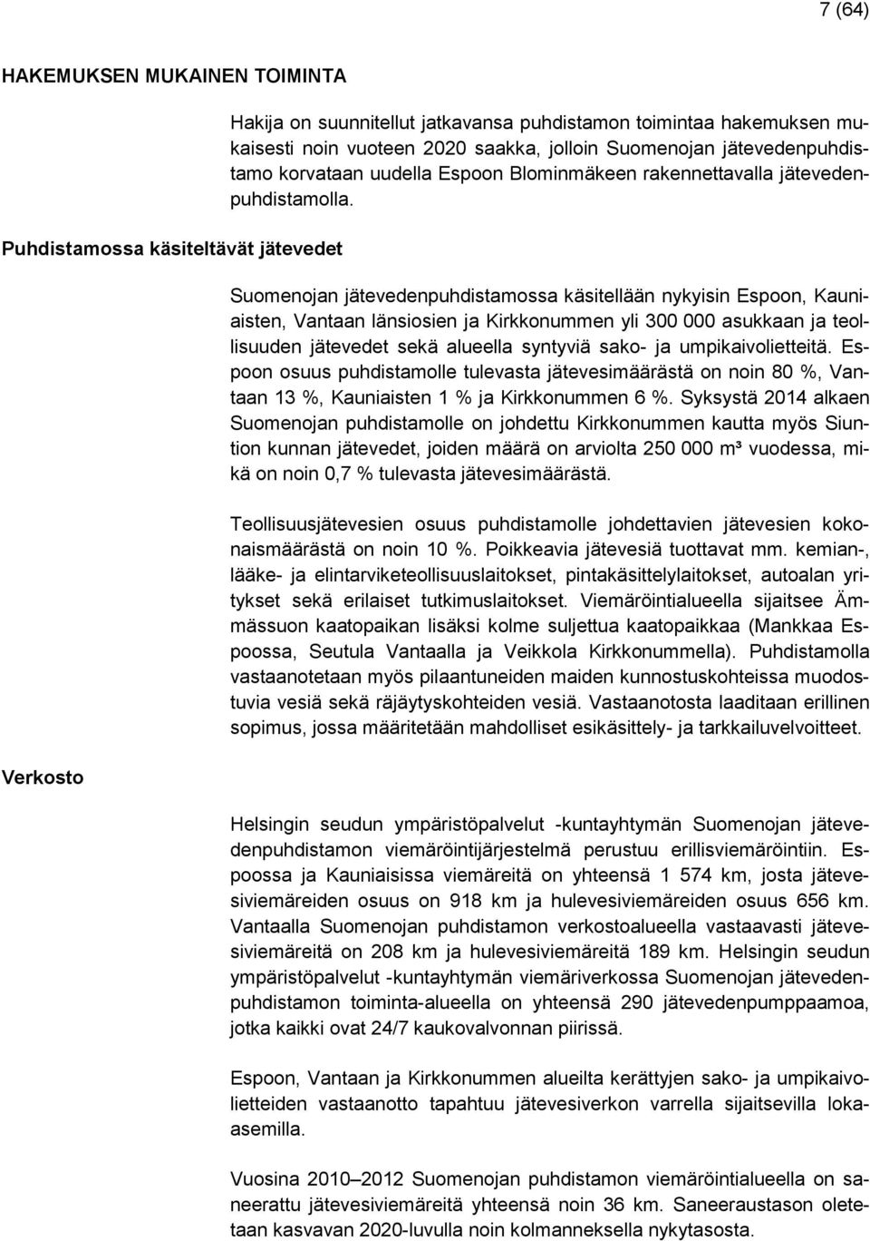 Suomenojan jätevedenpuhdistamossa käsitellään nykyisin Espoon, Kauniaisten, Vantaan länsiosien ja Kirkkonummen yli 300 000 asukkaan ja teollisuuden jätevedet sekä alueella syntyviä sako- ja