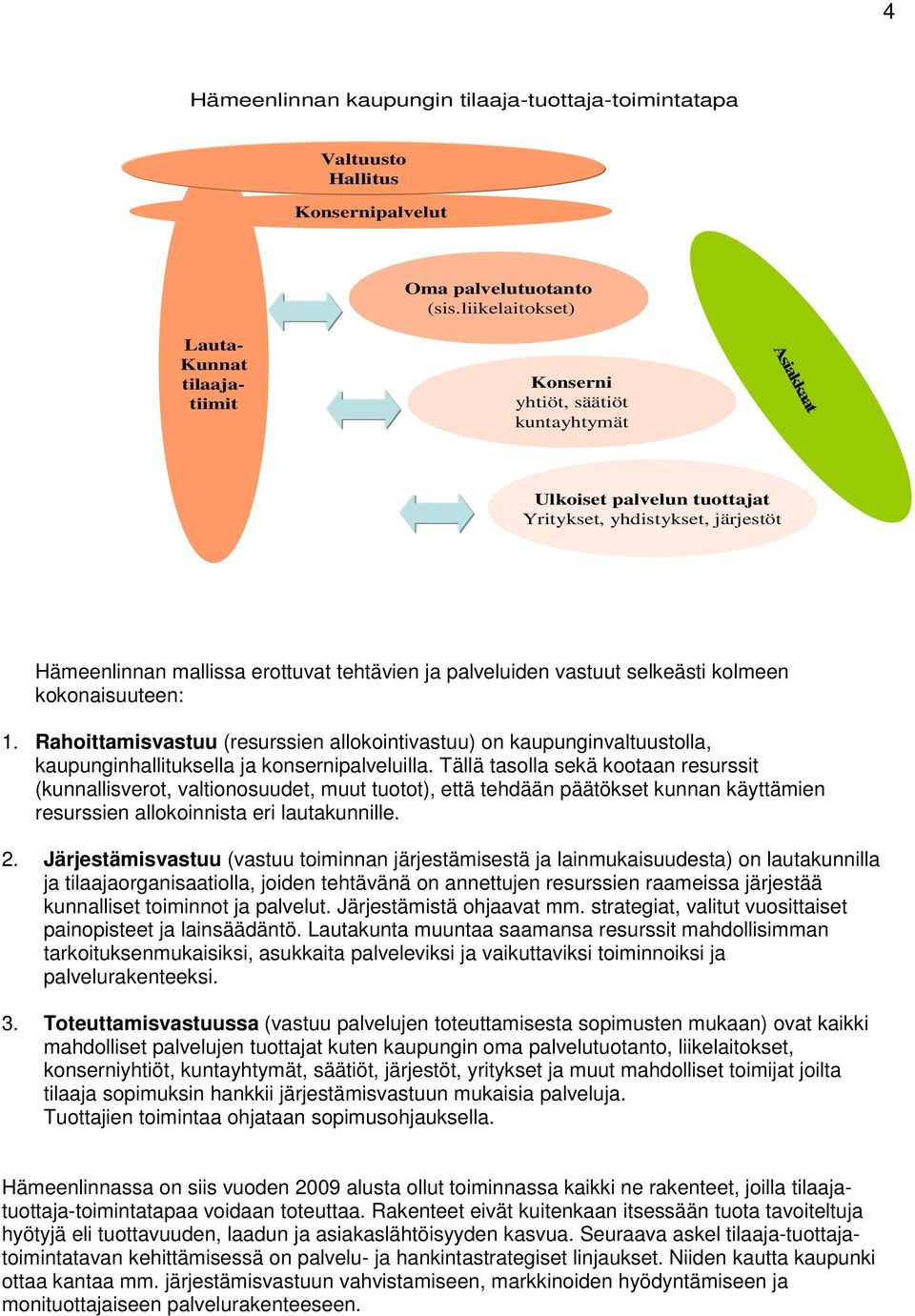 palveluiden vastuut selkeästi kolmeen kokonaisuuteen: 1. Rahoittamisvastuu (resurssien allokointivastuu) on kaupunginvaltuustolla, kaupunginhallituksella ja konsernipalveluilla.