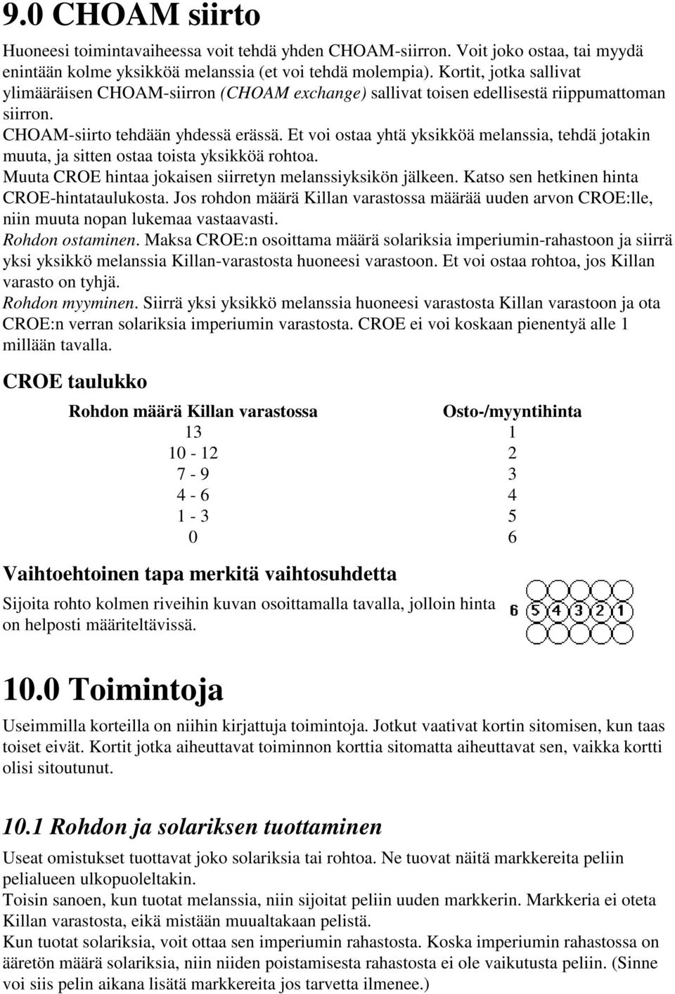 Et voi ostaa yhtä yksikköä melanssia, tehdä jotakin muuta, ja sitten ostaa toista yksikköä rohtoa. Muuta CROE hintaa jokaisen siirretyn melanssiyksikön jälkeen.