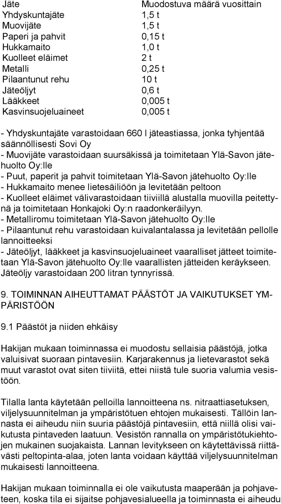 to Oy:lle - Puut, paperit ja pahvit toimitetaan Ylä-Savon jätehuolto Oy:lle - Hukkamaito menee lietesäiliöön ja levitetään peltoon - Kuolleet eläimet välivarastoidaan tiiviillä alustalla muovilla pei