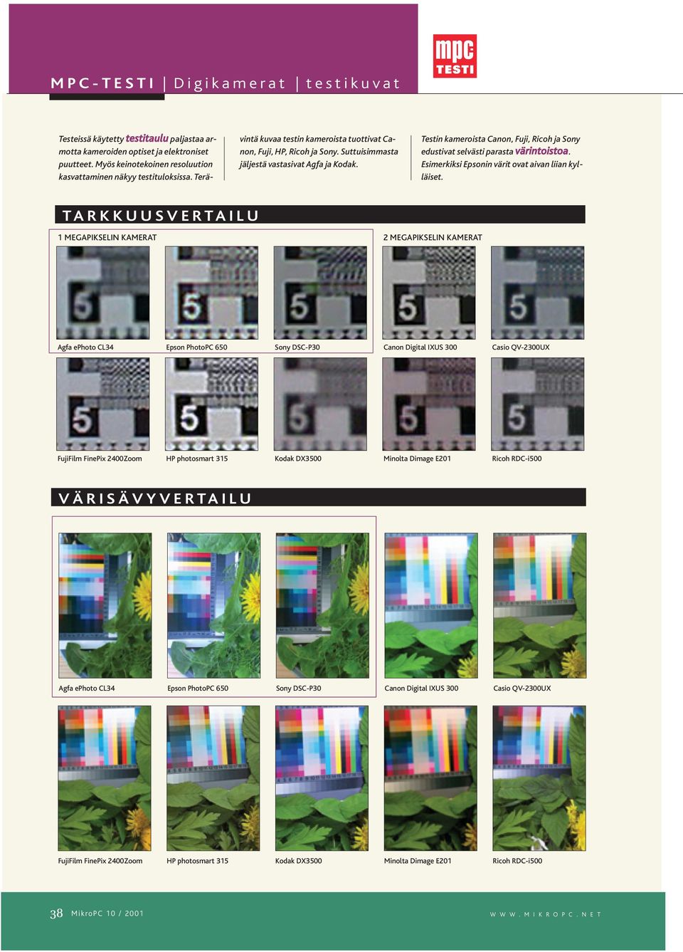 Testin kameroista Canon, Fuji, Ricoh ja Sony edustivat selvästi parasta värintoistoa. Esimerkiksi Epsonin värit ovat aivan liian kylläiset.