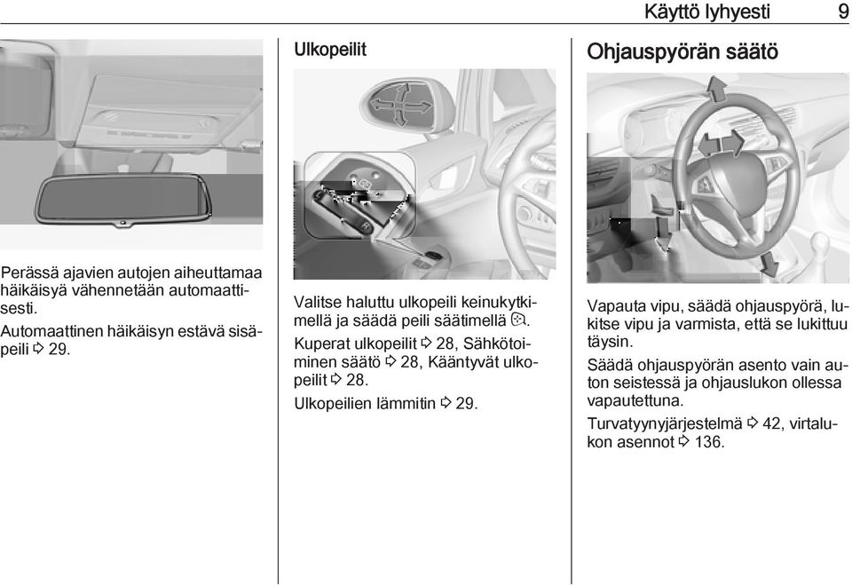 Kuperat ulkopeilit 3 28, Sähkötoiminen säätö 3 28, Kääntyvät ulkopeilit 3 28. Ulkopeilien lämmitin 3 29.