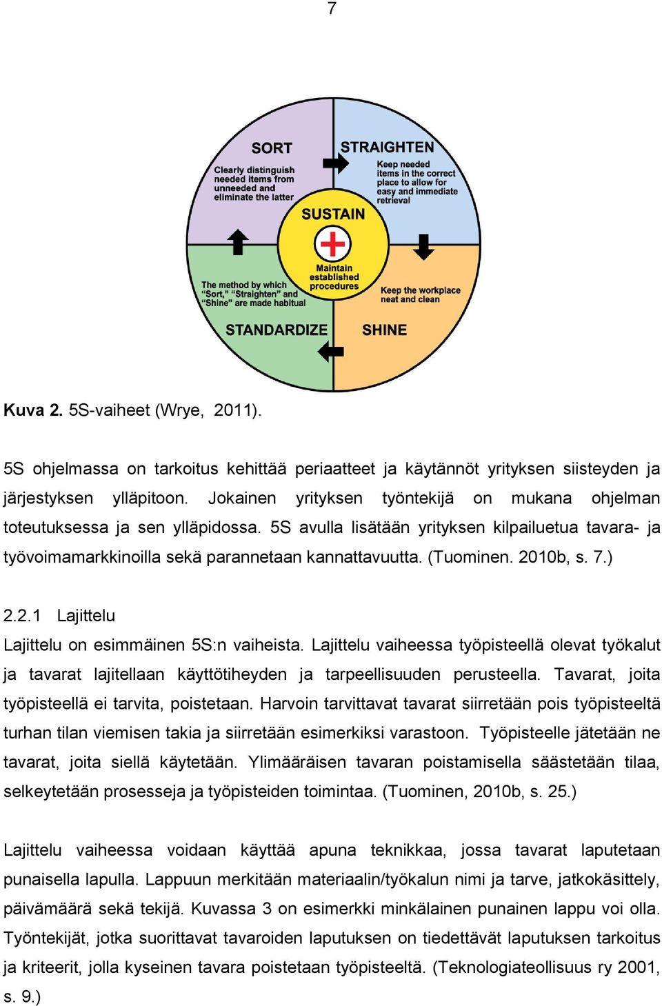 2010b, s. 7.) 2.2.1 Lajittelu Lajittelu on esimmäinen 5S:n vaiheista. Lajittelu vaiheessa työpisteellä olevat työkalut ja tavarat lajitellaan käyttötiheyden ja tarpeellisuuden perusteella.