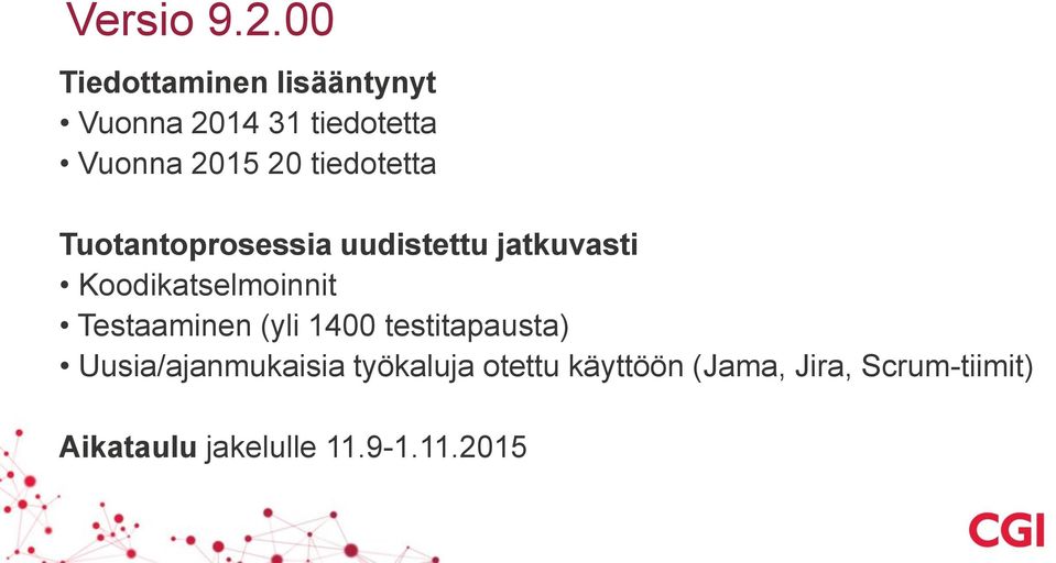 tiedotetta Tuotantoprosessia uudistettu jatkuvasti Koodikatselmoinnit