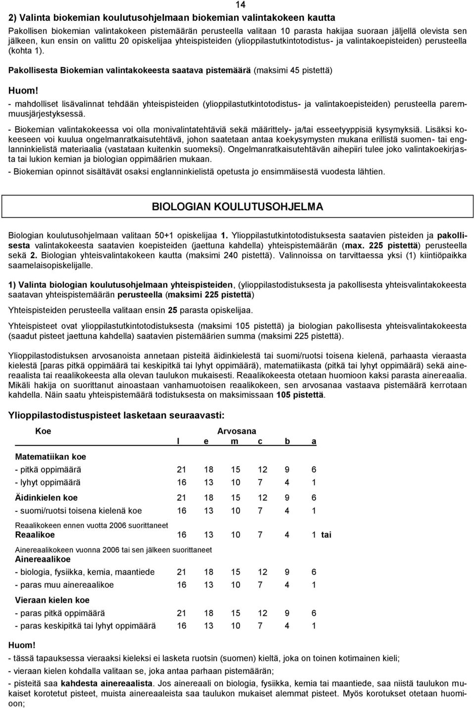 Pakollisesta Biokemian valintakokeesta saatava pistemäärä (maksimi 45 pistettä) Huom!