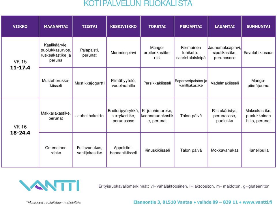 sipulikastike, Savulohikiusaus Mustikkajogurtti Piimähyytelö, vadelmahillo Persikkakiisseli Raparperipaistos ja vanilljakastike Vadelmakiisseli Mustaherukkakiisseli