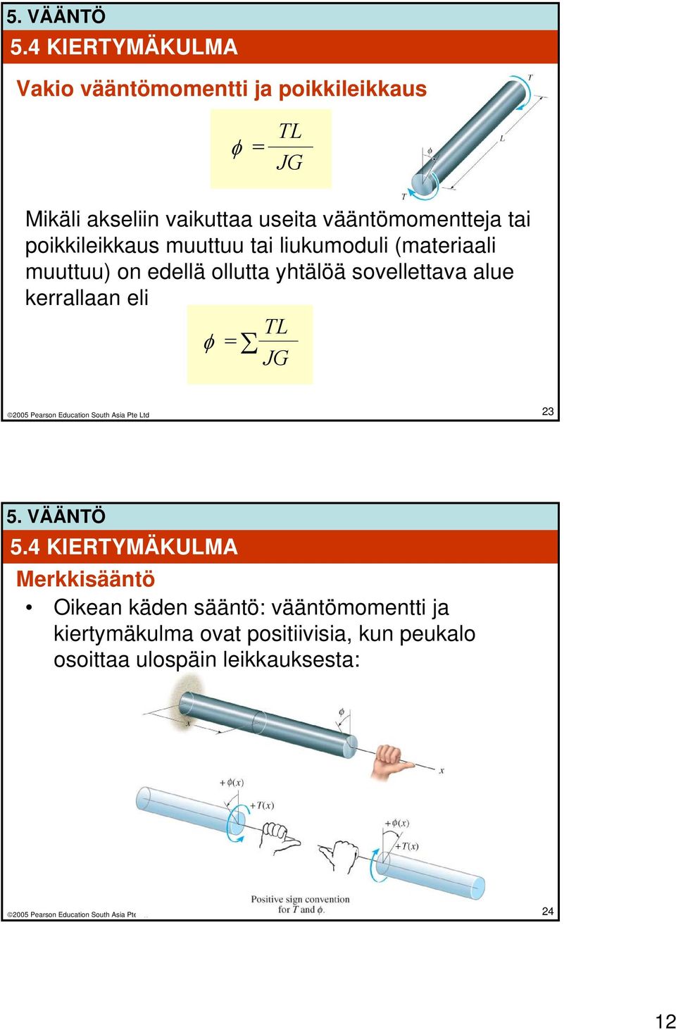 yhtälöä sovellettava alue kerrallaan eli TL φ = Σ JG 23 5.