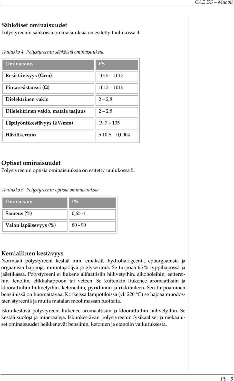 Resistiivisyys (Ωcm) 1015 1017 Pintaresistanssi (Ω) 1013 1015 Dielektrinen vakio 2 2,8 Dilelektrinen vakio, matala taajuus 2 2,8 Läpilyöntikestävyys (kv/mm) 19,7 135 Häviökerroin 5.