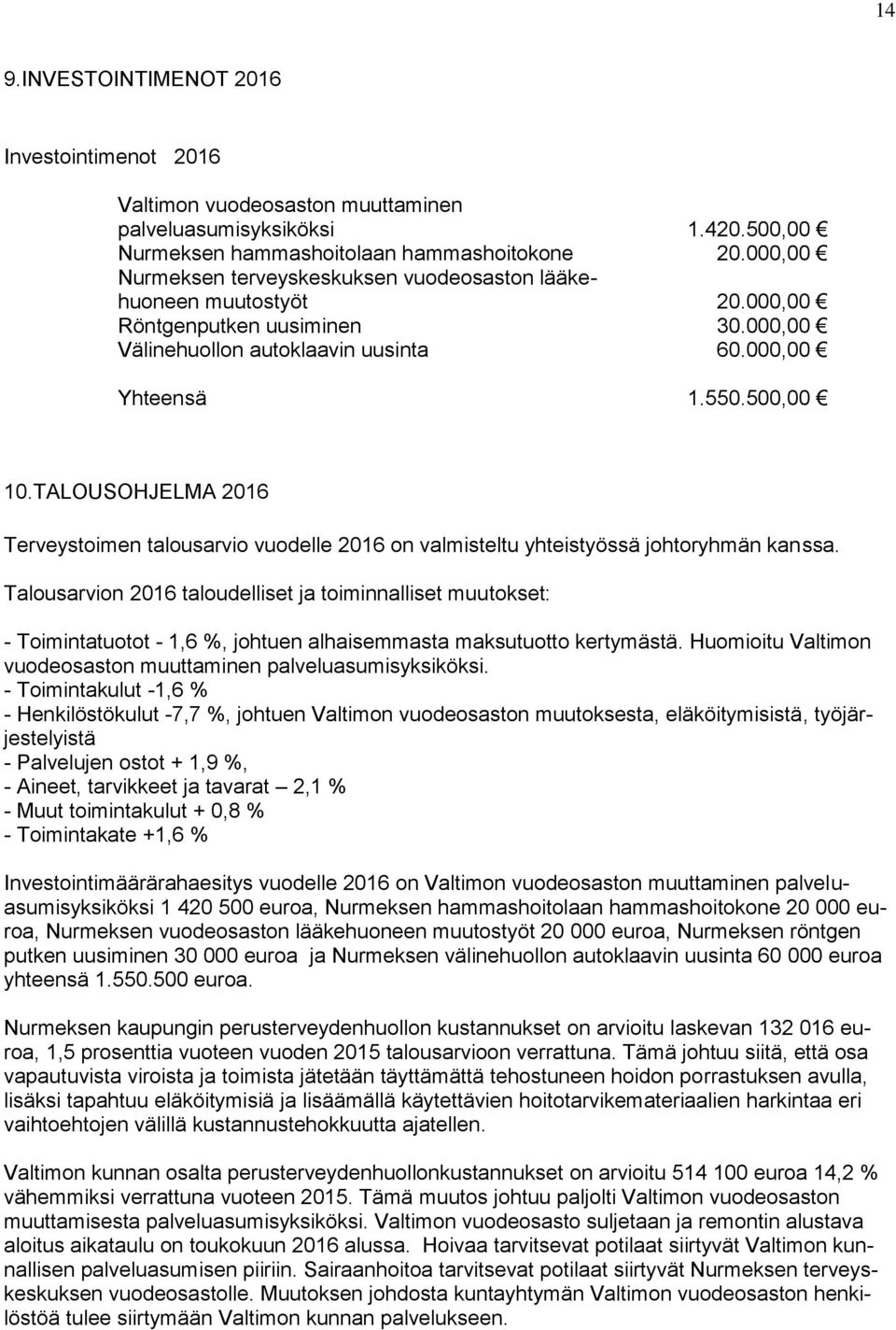 TALOUSOHJELMA 2016 Terveystoimen talousarvio vuodelle 2016 on valmisteltu yhteistyössä johtoryhmän kanssa.