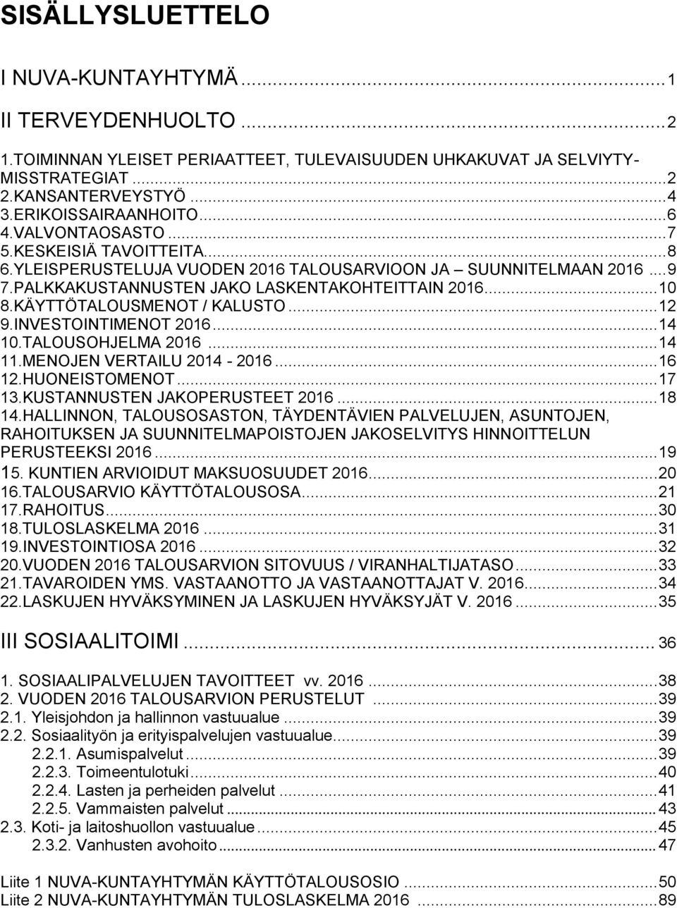 KÄYTTÖTALOUSMENOT / KALUSTO... 12 9.INVESTOINTIMENOT 2016... 14 10.TALOUSOHJELMA 2016... 14 11.MENOJEN VERTAILU 2014-2016... 16 12.HUONEISTOMENOT... 17 13.KUSTANNUSTEN JAKOPERUSTEET 2016... 18 14.