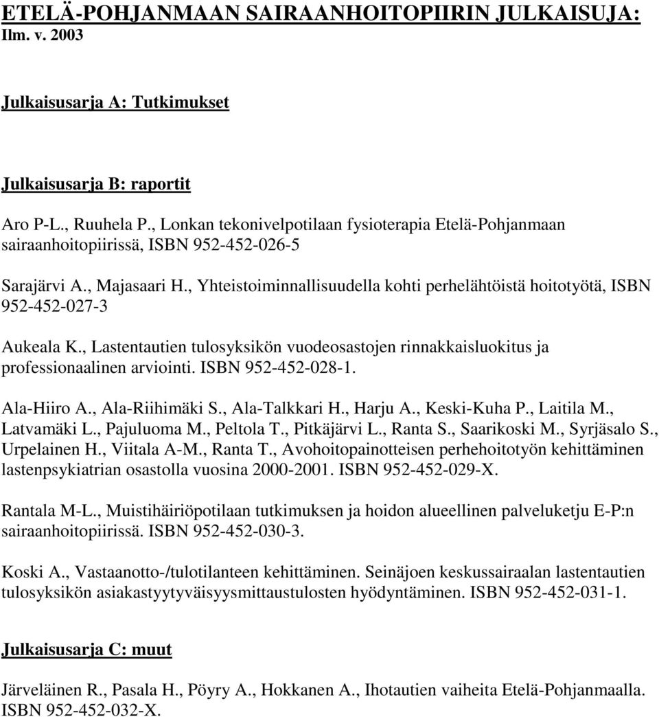 ISBN 952-452-028-1. Ala-Hiiro A., Ala-Riihimäki S., Ala-Talkkari H., Harju A., Keski-Kuha P., Laitila M., Latvamäki L., Pajuluoma M., Peltola T., Pitkäjärvi L., Ranta S., Saarikoski M., Syrjäsalo S.