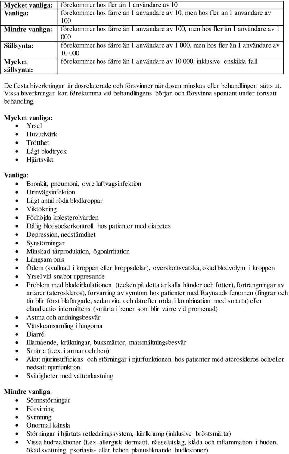 inklusive enskilda fall sällsynta: De flesta biverkningar är dosrelaterade och försvinner när dosen minskas eller behandlingen sätts ut.