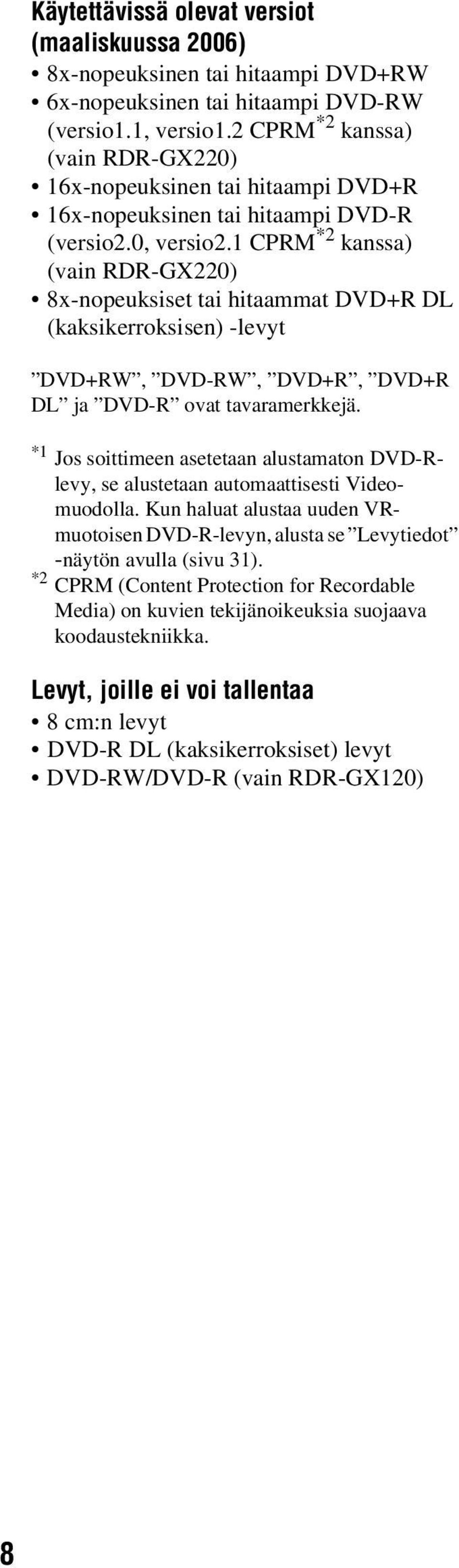1 CPRM *2 kanssa) (vain RDR-GX220) 8x-nopeuksiset tai hitaammat DVD+R DL (kaksikerroksisen) -levyt DVD+RW, DVD-RW, DVD+R, DVD+R DL ja DVD-R ovat tavaramerkkejä.