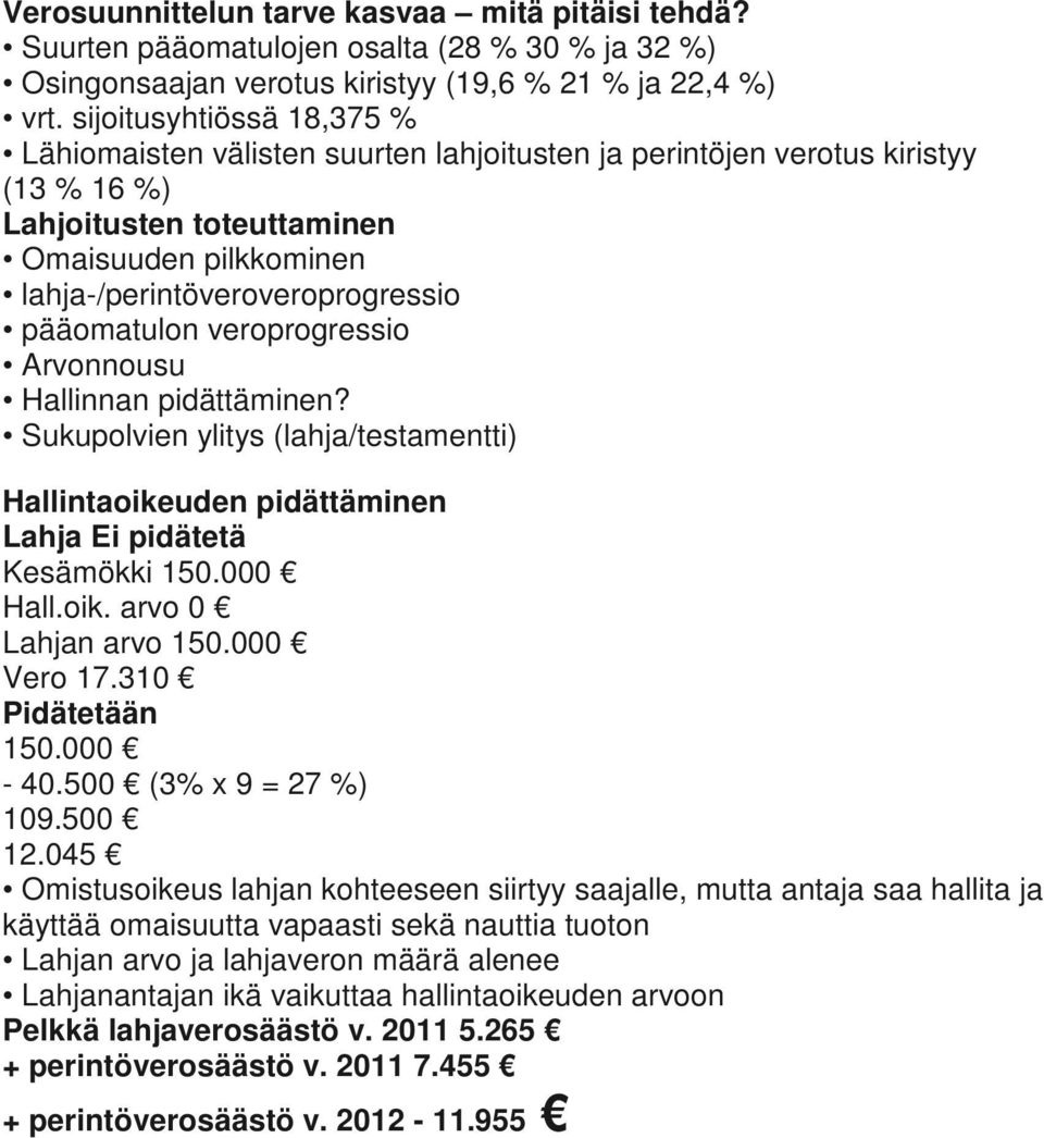 pääomatulon veroprogressio Arvonnousu Hallinnan pidättäminen? Sukupolvien ylitys (lahja/testamentti) Hallintaoikeuden pidättäminen Lahja Ei pidätetä Kesämökki 150.000 Hall.oik. arvo 0 Lahjan arvo 150.