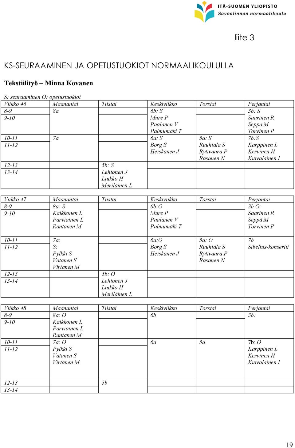 Karppinen L Kervinen H Kuivalainen I Viikko 47 Maanantai Tiistai Keskiviikko Torstai Perjantai 8-9 8a: S Kaikkonen L Parviainen L Rantanen M 6b:O Mure P Paalanen V Palmumäki T 3b O: Saarinen R Seppä