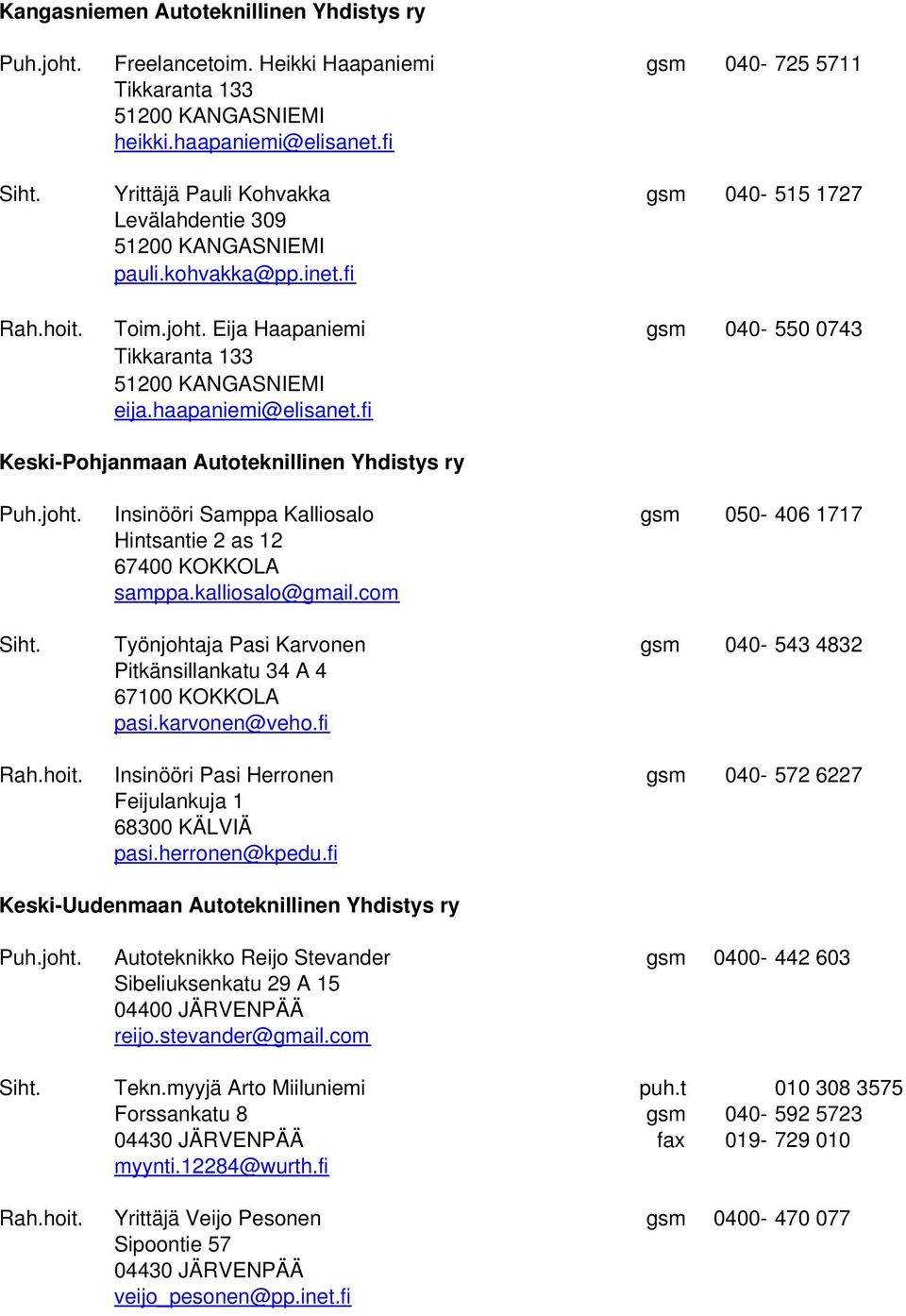 haapaniemi@elisanet.fi Keski-Pohjanmaan Autoteknillinen Yhdistys ry Puh.joht. Insinööri Samppa Kalliosalo gsm 050-406 1717 Hintsantie 2 as 12 67400 KOKKOLA samppa.kalliosalo@gmail.com Siht.