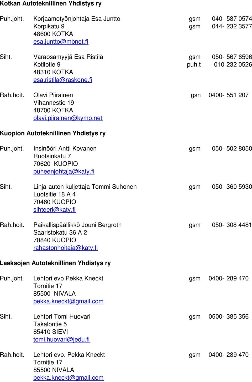 net Kuopion Autoteknillinen Yhdistys ry Puh.joht. Insinööri Antti Kovanen gsm 050-502 8050 Ruotsinkatu 7 70620 KUOPIO puheenjohtaja@katy.fi Siht.