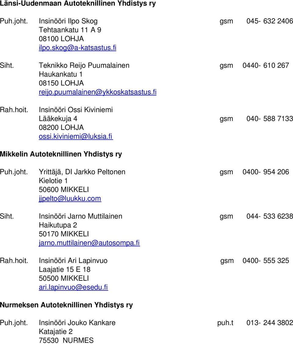 kiviniemi@luksia.fi Mikkelin Autoteknillinen Yhdistys ry Puh.joht. Yrittäjä, DI Jarkko Peltonen gsm 0400-954 206 Kielotie 1 50600 MIKKELI jjpelto@luukku.com Siht.
