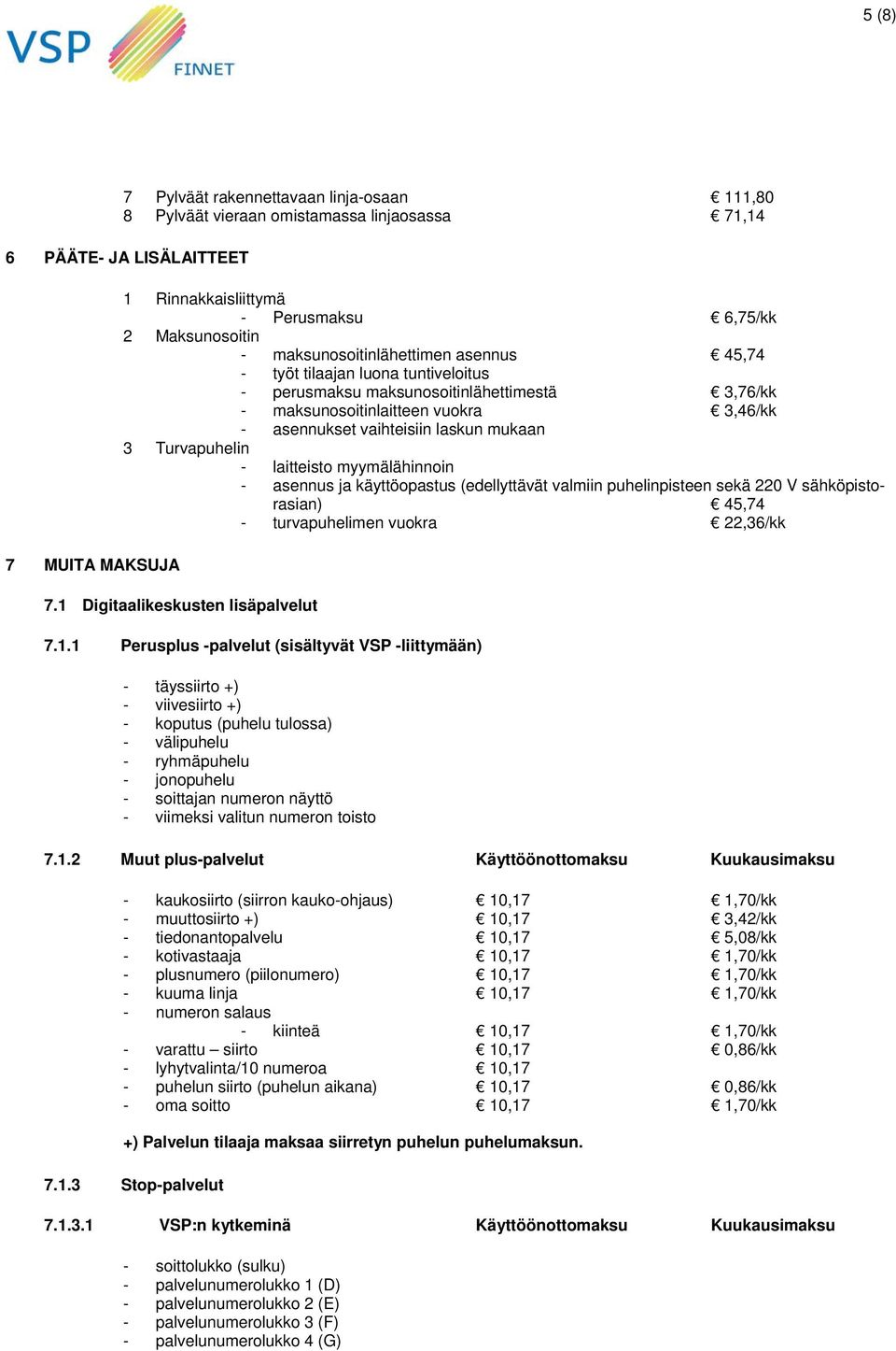 3 Turvapuhelin - laitteisto myymälähinnoin - asennus ja käyttöopastus (edellyttävät valmiin puhelinpisteen sekä 220 V sähköpistorasian) 45,74 - turvapuhelimen vuokra 22,36/kk 7.