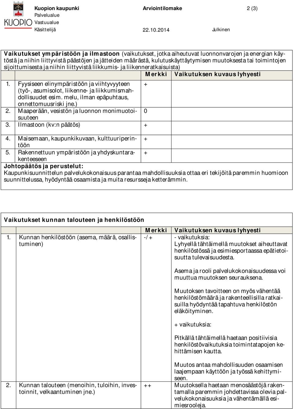 muutoksesta tai toimintojen sijoittumisesta ja niihin liittyvistä liikkumis- ja liikenneratkaisuista) Merkki Vaikutuksen kuvaus lyhyesti 1.