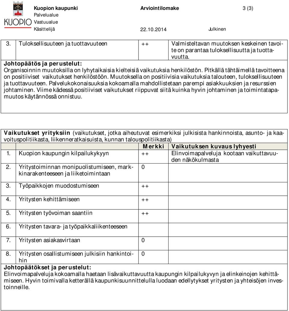 Johtopäätös ja perustelut: Organisoinnin muutoksilla on lyhytaikaisia kielteisiä vaikutuksia henkilöstön. Pitkällä tähtäimellä tavoitteena on positiiviset vaikutukset henkilöstöön.